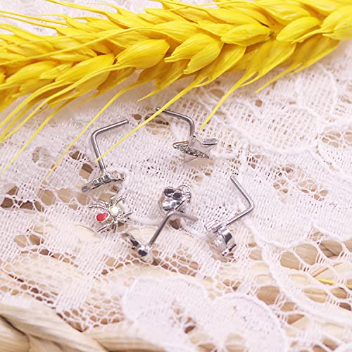 CZ Butterfly Flower Top L Bend Stud Nose Ring 20G L Shaped Nose Studs Nose Hoop Rings Nose Body Piercing for Women Mens - color: silver