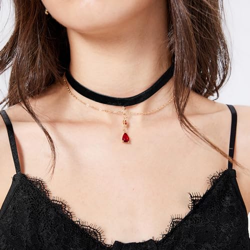 Fesciory Black Necklaces for Women, Adjustable Layered Velvet Leather Lace Collar Necklace, Goth Jewelry Gifts. - color: Red Pendant