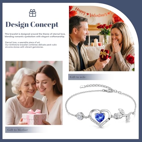 1CT Rose Heart Birthstone Bracelet for Women Love Gift - style: 09-Sept Sapphire Silver