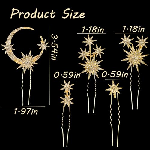 5 Pcs Celestial Crystal Bridal Hair Pins Set, Star & Moon Rhinestone Hair Accessories for Wedding, Goddess-Style Hair Pieces for Women(Gold) - color: Gold