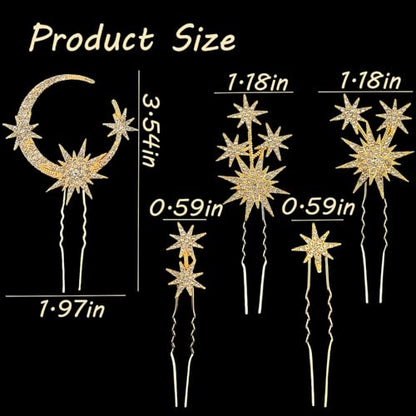 5 Pcs Celestial Crystal Bridal Hair Pins Set, Star & Moon Rhinestone Hair Accessories for Wedding, Goddess-Style Hair Pieces for Women(Gold) - color: Gold
