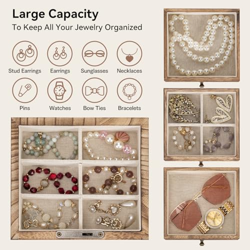 Jewelry Boxes for Women, 5 Layer Large Wooden Jewelry Organizer Box with Lock, Mirror & Drawers, Jewelry Boxes & Organizers for Necklaces Earrings Rings Bracelets (Rustic Brown)