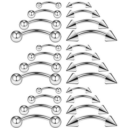 Ruifan 24PCS 16G Surgical Steel Eyebrow Ear Navel Belly Lip Ring Body Piercing Jewelry - color: Silver