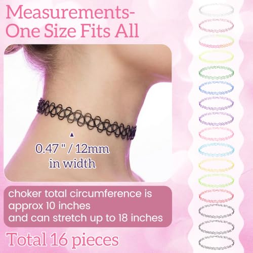PAGOW Tattoo Choker Set, Stretchy 90s Choker Necklace, Adjustable Retro Y2K Gothic Grunge Chokers Jewelry Accessories - color: Multicolor,16 Pcs