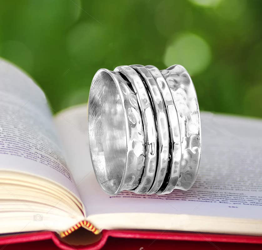 Spinner Ring Silver For Women Girls, 925 Sterling Silver Spinner, Spin, Three Tone Fidget Band, Classic Hammered Meditaion, Christmas Size us