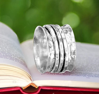 Spinner Ring Silver For Women Girls, 925 Sterling Silver Spinner, Spin, Three Tone Fidget Band, Classic Hammered Meditaion, Christmas Size us