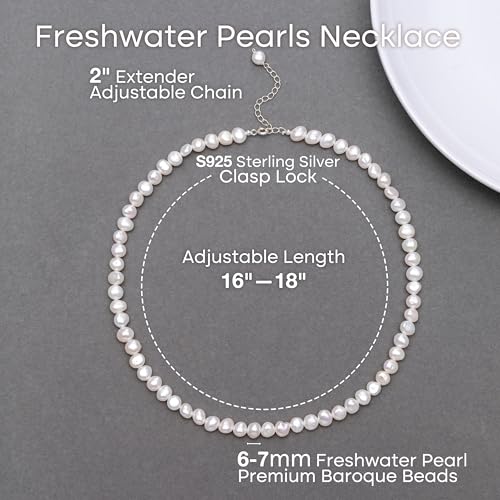 Natural Pearls Necklace, Freshwater Baroque Pearls Necklace for Women's Pearl Strand Choker Necklace 18K Gold Plated & S925 Sterling Silver Clasp White Necklace Chain - color: White, 6-7mm, Silver Clasp