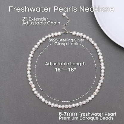 Natural Pearls Necklace, Freshwater Baroque Pearls Necklace for Women's Pearl Strand Choker Necklace 18K Gold Plated & S925 Sterling Silver Clasp White Necklace Chain - color: White, 6-7mm, Silver Clasp
