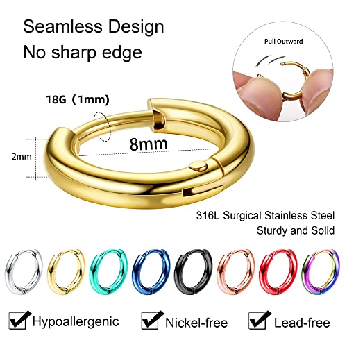Jstyle 18G 20G Small Hoop Earrings for Men Women Huggie Hoops 8 Pairs | Hypoallergenic Surgical Stainless Steel, Multicolor Cartilage Helix Lobes Sleeper Hoop Earrings Set 8mm/10mm/12mm/14mm - style: Inner Diameter 8mm (18G)