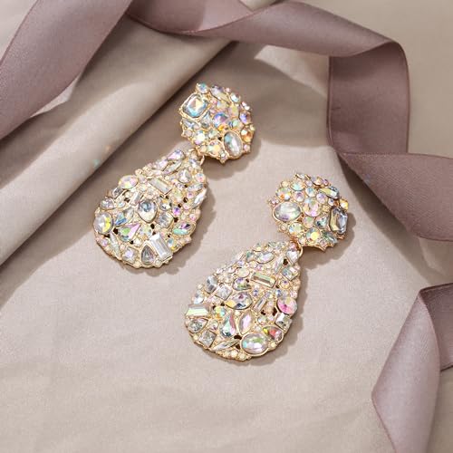 EVER FAITH Glamour Rhinestone Statement Clip-on Earrings, Fashion Chic Art Deco Sparkly Marquise Water Drop Crystal Dangle Earrings for Women - color: Iridescent AB Gold-Tone