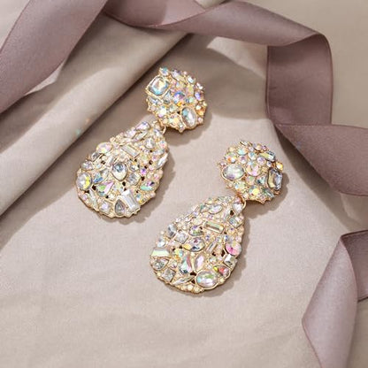 EVER FAITH Glamour Rhinestone Statement Clip-on Earrings, Fashion Chic Art Deco Sparkly Marquise Water Drop Crystal Dangle Earrings for Women - color: Iridescent AB Gold-Tone