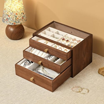 Black Walnut Wooden Jewelry Box for Women, 3 Layer Solid Wood Organizer with Glass Lid and Drawer, Large Storage for Necklace Ring Earrings Watch Bracelet, Birthday Gift for Mom Girls