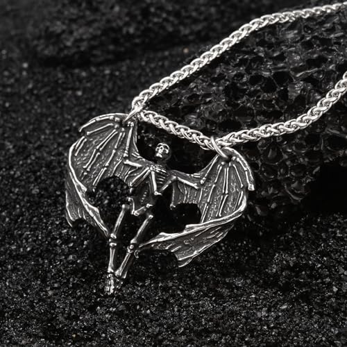 Skull Necklace for Men Stainless Steel Gothic Punk Emo Biker Necklace Jewelry for Men 60cm - style: Winged Skull