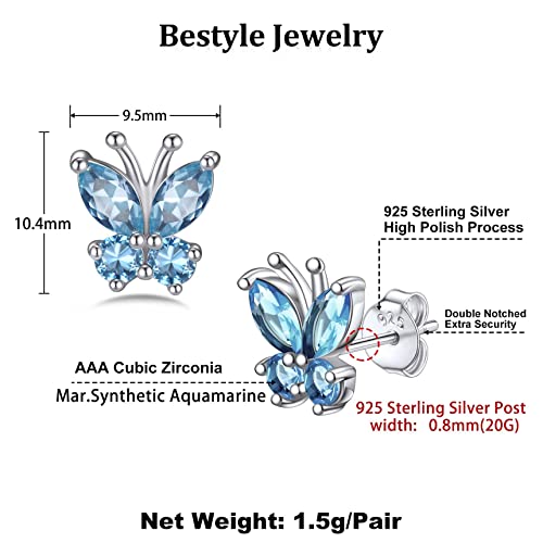 Bestyle Gold Butterfly Earrings for Women, Dainty Cute Birthstone Studs Hypoallergenic Jewelry, Great Birthday Gift - style: 03.March(Aquamarine)-STUD