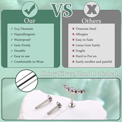 LOLIAS 16G G23 Titanium Tragus Conch Helix Piercing Jewelry 6mm 8mm 10mm - Internally Threaded Flat Back Stud Cartilage Earrings Hypoallergenic Forward Earlobe Labret Tragus Piercing Jewelry - color: 5 CZ-Titanium
