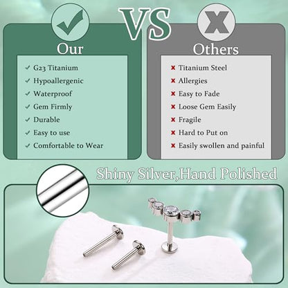 LOLIAS 16G G23 Titanium Tragus Conch Helix Piercing Jewelry 6mm 8mm 10mm - Internally Threaded Flat Back Stud Cartilage Earrings Hypoallergenic Forward Earlobe Labret Tragus Piercing Jewelry - color: 5 CZ-Titanium