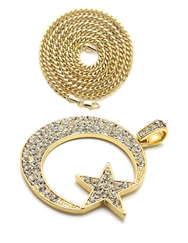 Fashion 21 Unisex Iced Out Crescent Moon & Star Pendant 24" Various Chain Necklace in Gold, Silver Tone - color: Gold / 3mm 24" Cuban Chain