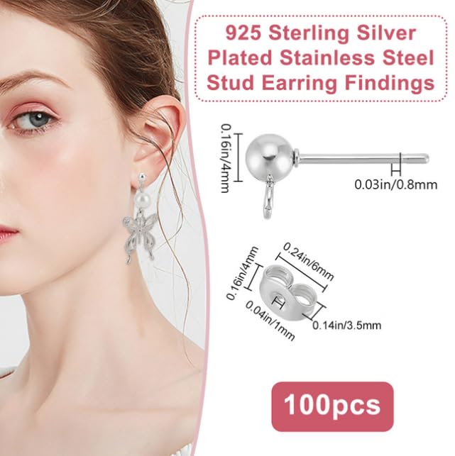 Beebeecraft 1 Box 100Pcs Ball Stud Earring Findings 925 Sterling Silver Plated 304 Stainless Steel Silver Round Post with Loop for Dangle Earring Jewelry Making DIY - color: Silver, size: 4mm Ball