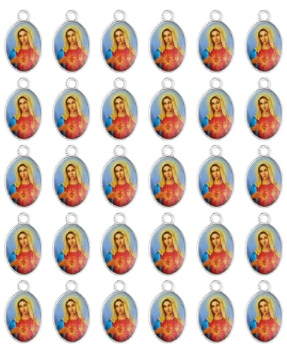 Saint Therese of Lisieux/Saint Mother Teresa of Calcutta/Divine Mercy Jesus/Mater Dolorosa Patron Saint Medal Charm Pendant for DIY Rosary Necklace Bracelet Jewelry Making Part - color: 30pcs-Enamel Heart of Jesus&Mary