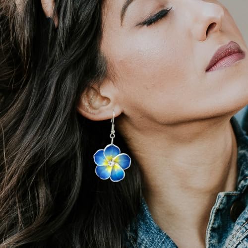 Floral Dangle Earrings for Women Hawaiian Tropical Plumeria Rubra Flower Drop Earrings with Cubic Zirconia Luau Beach Party Vacation Hawaiian Accessories Jewelry Gift - color: Blue