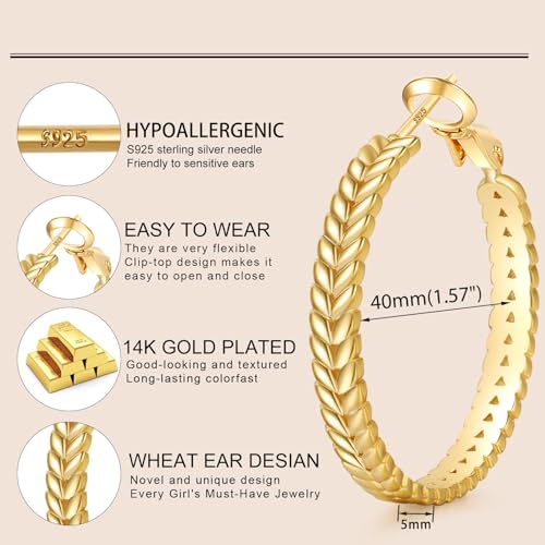 Large 925 Sterling Silver Hoop Earrings for Women Lightweight Thick Silver Hoop Earrings Wheat Twisted Hoop Earrings Hypoallergenic 5mm Wide Big Silver Hoop Earrings for Women 30/40/50mm
