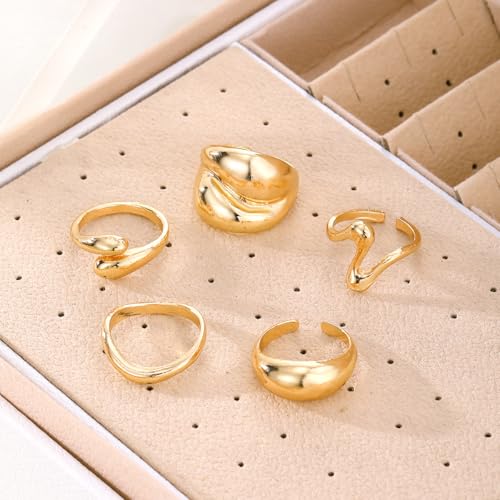 Chunky Rings for Women Non Tarnish 14k Stackable Dome Statement Rings Sets Vintage Dainty Knuckle Open Midi Finger Rings Jewelry Pack Gifts - style: 5PCS