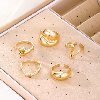 Chunky Rings for Women Non Tarnish 14k Stackable Dome Statement Rings Sets Vintage Dainty Knuckle Open Midi Finger Rings Jewelry Pack Gifts - style: 5PCS