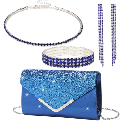 YYW 4 Pieces Women Evening Handbags Clutch Purse Bag with Rhinestone Crystal Jewelry Set for Wedding Party - color: Blue