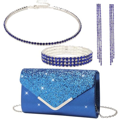 YYW 4 Pieces Women Evening Handbags Clutch Purse Bag with Rhinestone Crystal Jewelry Set for Wedding Party - color: Blue