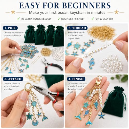 XUHAO7 781Pcs DIY Keychain Making Kit Beach Crafts Set | Seashell Starfish Pearl Letter Beads with Tools & 5 Velvet Pouches, DIY Bag Charm Kit for Women Girl - size: Ocean
