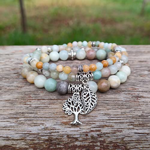 YGLINE Tree of Life Yoga Healing Stone Bracelets,Multilayer Lotus Chakra Stone Reiki Bracelet Sets,Anxiety Crystal Natural Stone,for Women Stress Relief - color: Amazonite-3w