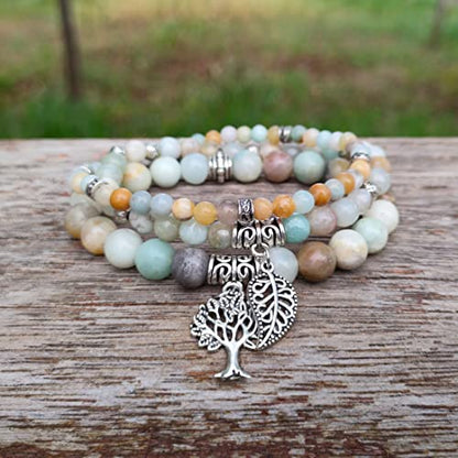 YGLINE Tree of Life Yoga Healing Stone Bracelets,Multilayer Lotus Chakra Stone Reiki Bracelet Sets,Anxiety Crystal Natural Stone,for Women Stress Relief - color: Amazonite-3w