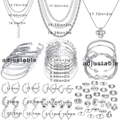 IFKM 36 PCS Silver Plated Jewelry Set with 3 PCS Necklace, 12 PCS Bracelet, 7 PCS Ear Cuffs Earring, 14 Pcs Knuckle Rings for Women Valentine Anniversary Birthday Friendship Gift - color: Trendy Silver Set
