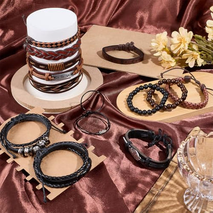 13PCS Boho Cowhide Leather Woven Wrap Bracelets Adjustable Braided Leather Wrist Cuff Stackable Multilayered Hemp Cords Ethnic Tribal Wooden Beads Wristband Bracelets Set for Men Women