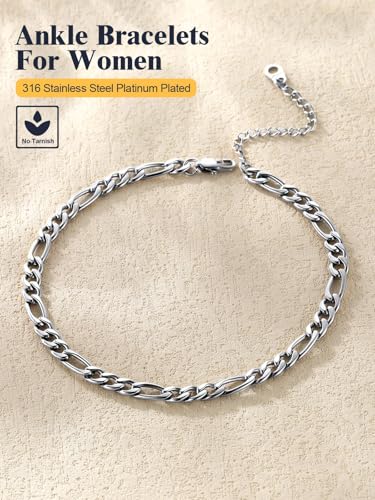U7 Ankle Bracelets for Women Stainless Steel Waterproof Tarnish Resistant | 18K Gold Plated/Silver/Rose Gold Anklets, Cuban Chain Anklet Bracelets, Perfect for Summer Beach and Vacation Outfits - color: Stainless Steel-5mm-Figaro Chain