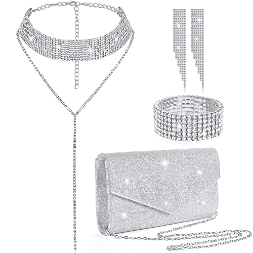 4 Pcs Silver Clutch Purse Jewelry Set for Women Rave Accessories Evening Rhinestone Purse Silver for Bride Wedding - style: Glitter Style