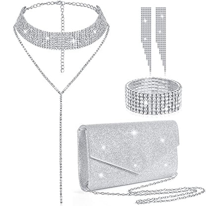 4 Pcs Silver Clutch Purse Jewelry Set for Women Rave Accessories Evening Rhinestone Purse Silver for Bride Wedding - style: Glitter Style