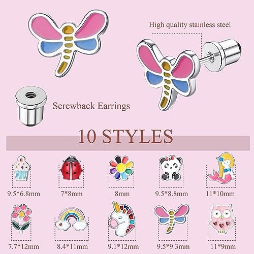 10Pairs Hypoallergenic Screw Back Earrings for Women Girls Stainless Steel | CZ Heart Butterfly Ball Stud Earrings Multicolored Cat Rainbow Screwback Stud Earrings Set Over 3 Years Old - style: animal earrings