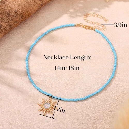 Tgirls Boho Beaded Choker Necklace Opal Bead Necklace Sun Pendant Summer Jewelry for Women - color: Blue