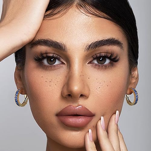 Trendy 14K Gold Plated Hoop Earrings for Women, Chunky Gold/Silver Earrings for Women Cubic Zirconia Baguette Hoop Earrings Heart Hoops Lightweight Hypoallergenic Jewelry,25mm/35mm/40mm/50mm - color: 01 Gold Blue Hoops 25mm