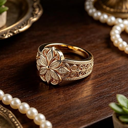 Floral Filigree Ring for Women Gold Chunky Flower Engraved Hollow Carved Vintage Classic Band Statement Rings Promise Engagement Wedding Jewelry Gift