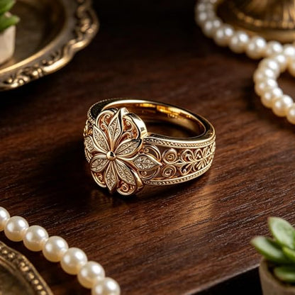Floral Filigree Ring for Women Gold Chunky Flower Engraved Hollow Carved Vintage Classic Band Statement Rings Promise Engagement Wedding Jewelry Gift