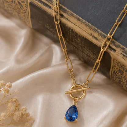 Teardrop CZ Pendant Paperclip Chain Necklace 18K Plated Paperclip Toggle Necklace Jewelry Birthstone Gift for Women - color: Tanzanite-December