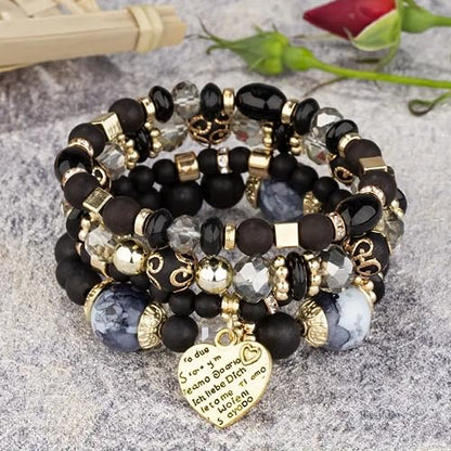 Women Beaded Bracelet Set | Colorful Boho Stackable Trendy Design with Crystal Accents Multilayer Bangle Bracelet | Fashion Stretch Braclets Jewelry for Women - color: Black