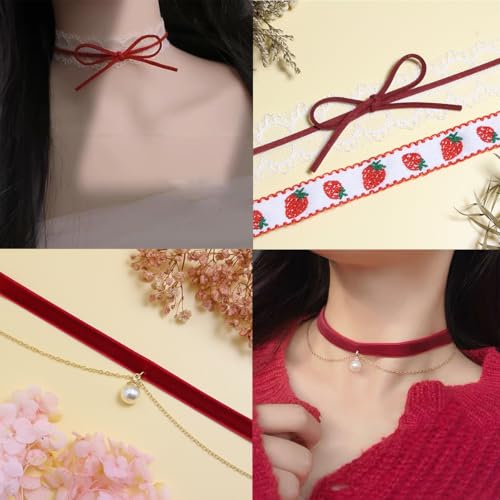 Nova&Aria Chokers Set For Women Heart Choker Necklaces Flower Pendant Velvet Cute Pink Turquoise Blue White Black Choker Necklace Christmas Colorful Lace Chokers - color: Red-B