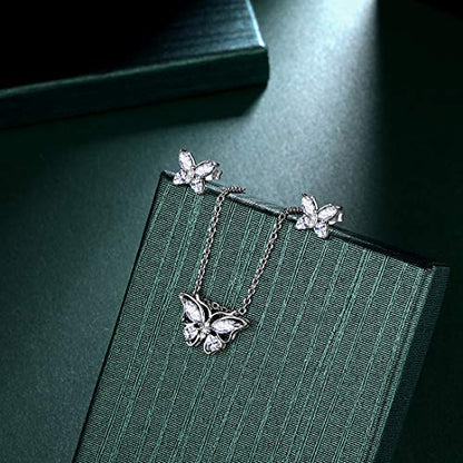 925 Sterling Silver Birthstone Butterfly Jewelry Women Crystal Animal Cute Butterflies Birthday Necklace/Earring/Ring/Bracelet Sets Birth Stone Statement Anniversary Jewellery - color: 1-D.April-Diamond