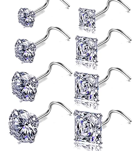 Nose Rings & Studs - 18g, 20g, 22g 14K Gold Bone Nose Studs for Women in Titanium Steel - color: 18g 8pcs Silver Screw Shaped 316L Surgical Steel
