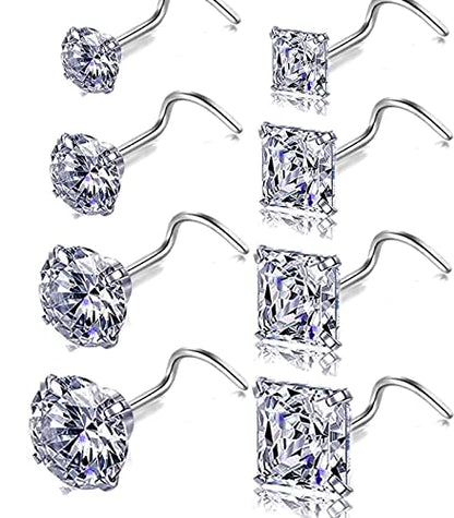 Nose Rings & Studs - 18g, 20g, 22g 14K Gold Bone Nose Studs for Women in Titanium Steel - color: 18g 8pcs Silver Screw Shaped 316L Surgical Steel