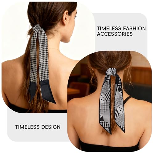 ZXZH 6 Pack Fashion Scarves for Women, Versatile Boho Head Scarf | Satin Scarf for Hair, Neck, Wrist, and Purse Accessories - color: Black & White Check