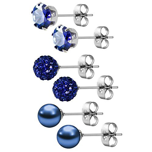 JewelrieShop Birthstone Studs Earring Set Cubic Zirconia Rhinestones Crystal Ball Faux Pearl Stainless Steel Stud Earrings for Women Jewelry Gift (6mm Round,3 Pairs) - color: 9) Sept. - Deep Blue